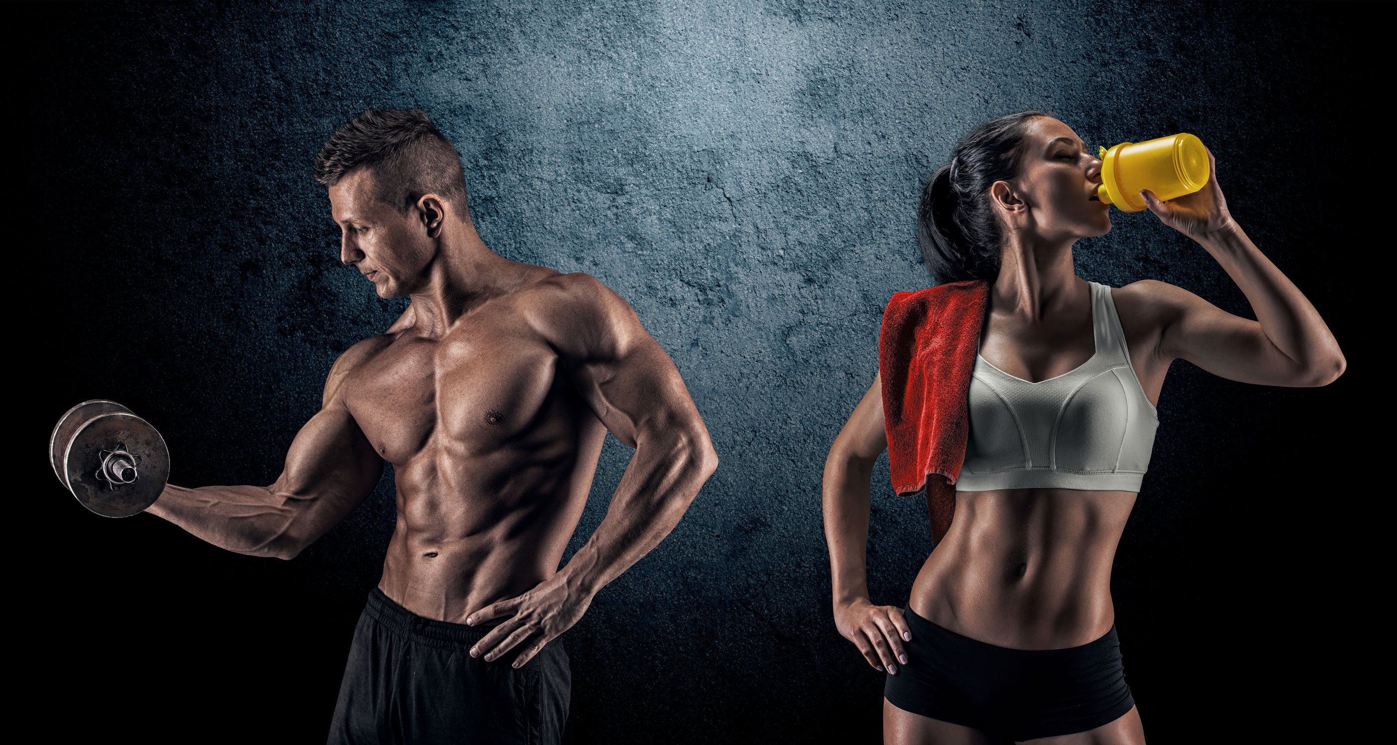 44310986 - bodybuilding. strong man and a woman posing on a dark background